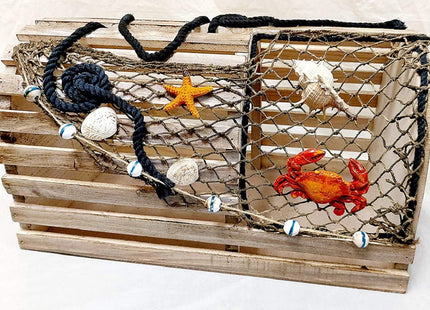 Decorative Lobster Trap Decor – Well Crafted Distressed Wood - Features Fishnet, Seashells Crab Starfish - Nautical Decorations for Home, Boats and Beach House - Decorative Crab Trap Gift Box