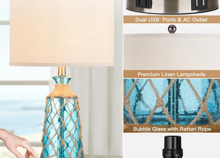 Ruzectt 25.5" Coastal Glass Table Lamps Set of 2, 3-Way Dimmable Touch Control Bedside Lamps with 2 USB Ports and AC Outlet, Blue Nautical Nightstand Lamps for Bedroom Living Room (LED Bulbs Included)