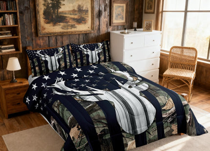 Rustic Deer Boys Bedding Set Queen Size,Deer Antlers Wild Animal Hunting Comforter Set,Army Green Camo Comforter Stars Stripes USA Flag Quilt with 2 Pillowcases, Camping Theme RV Cabin Lodge Decor