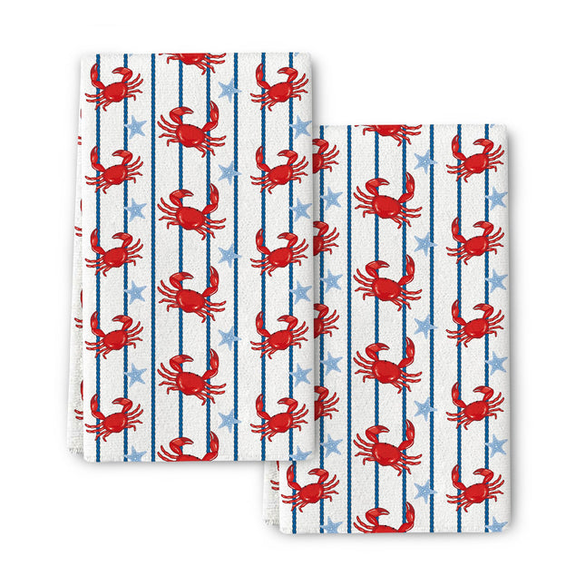 Pintukee Cute Crabs Nautical Kitchen Towels Decorative Set of 2, Coastal Dish Hand Towels for Kitchen Bar Bathroom Soft Absorbent Drying Cloth Summer Ocean Themed Decor 16"x24"
