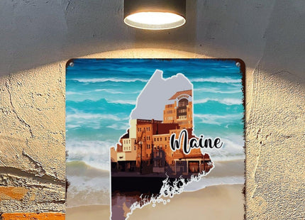 Woguangis Metal Signs Maine States Map Scenery America USA State Landscapes Plaque Maine Porch Decor Wall Art Plaque Retro Metal Tin Signs for Kid Room Living Room Garage Front Porch 15x15in