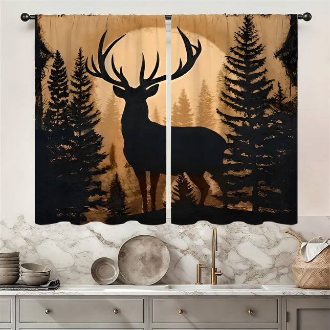 Forest Theme Rustic Deer Pine Kitchen Curtains Country Vintage Retro Cabin Lodge Dark Brown Silhouette Small Short Cafe Window Drapes Wildlife Treatment Bathroom Home Decor( 27.5W X 39L Inch 2 Panel)