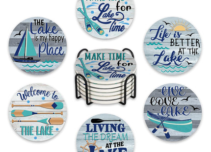 Paayna Lake Life Ceramic Coasters with Holder Set of 6, Lake House Boat