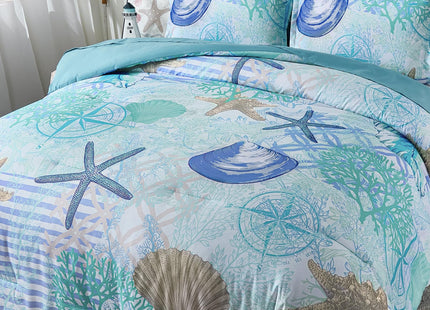 Xruibed Coastal Comforter Set Queen Size, Beach Coral Themed Bed in a Bag, 7 Pieces Ocean Nautical Seaweed & Starfish Soft Summer Comforter Bedding Sets for All Seasons(90"×90")