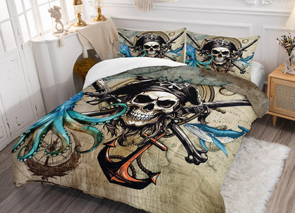 AILONEN 3D Pirate Captain Skull Comforter Set Twin Size, Octopus Dolphin Bedding Set for Kids Boys Girls,Nautical Theme Bed in a Bag Duvet Set,1 Quilt and 2 Pillowcases,3PCS
