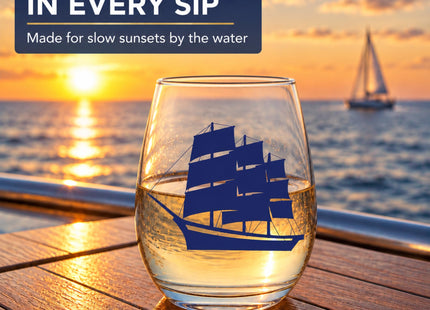 15oz Printed Nautical Stemless Wine Glasses, Set of 4, Anchor & Compass