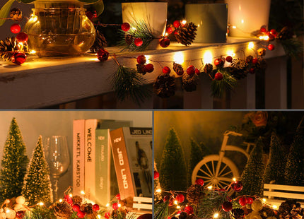 Luditek Christmas Garland with Lights, Red Berry Pine Cone 6.5FT 20 LED Garland Lights Battery Operated, led Garland String Lights, Christmas Decorations Indoor for Home Fireplace Mantel Xmas Decor