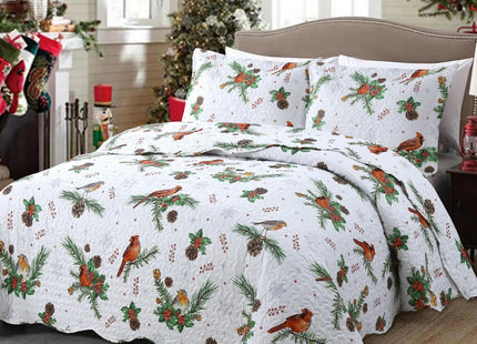 MarCielo 3 Pcs Christmas Quilt Set, Rustic Lodge Cardinals Bedspread, King