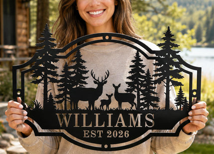 Custom Deer Family Name Sign, Personalized Deer Forest Cabin Metal Sign