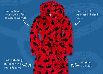Little Blue House Unisex Fleece Robe, Moose On Red, Large