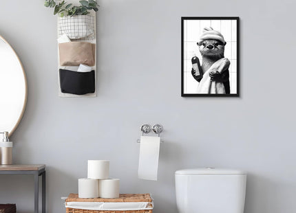 Funny Otter Bathroom Wall Art, Otter Getting Ready for Bath Canvas Print, Framed Black and White Farmhouse Decor for Bathroom Restroom Guest Bath, 12x16 Inch