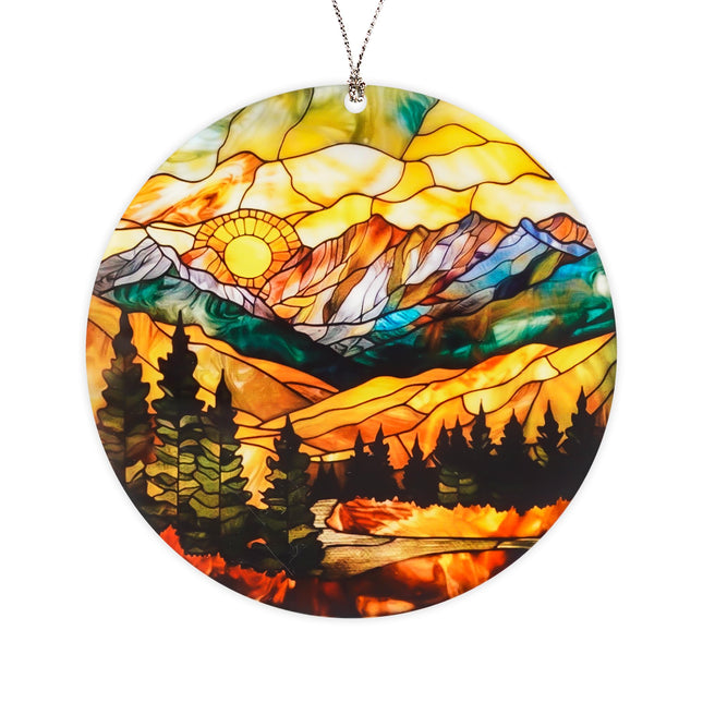 Mountain Landscape Christmas Ornament, Rustic Cabin Decor with Forest Pine Trees Lake Scenery, Tiffany Stained Glass Inspired Outdoor Adventure Hanging Decoration, Nature Lover Gift for Christmas Tree
