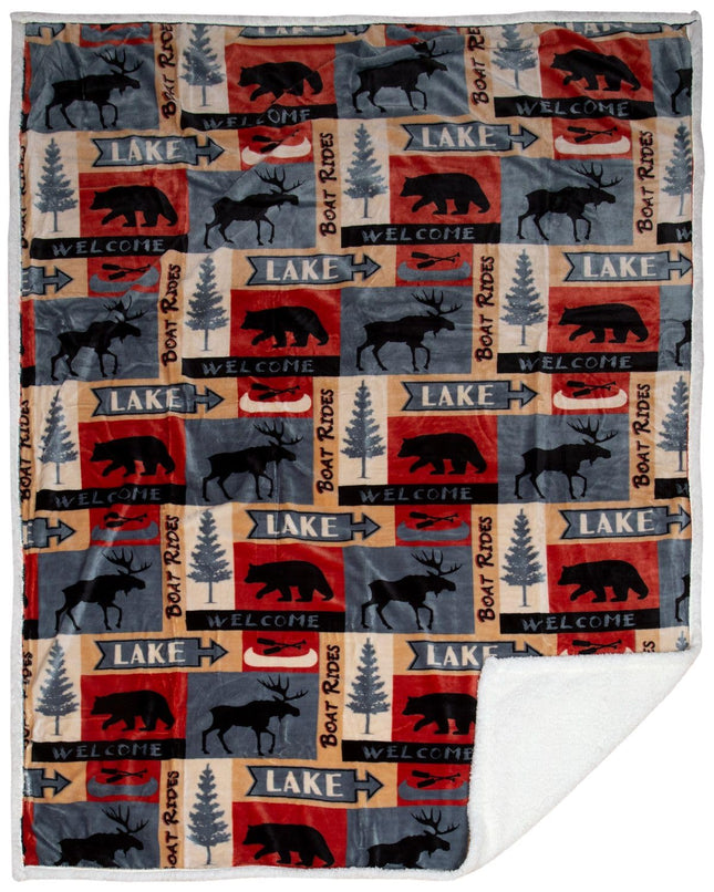 Carstens, Inc. Lake House Rustic Cabin Sherpa Fleece Large Throw Blanket, 54" x 68", Blue