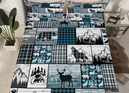Feelyou Deer Elk Bear Wolf Sheets with Deep Pocket Fitted Sheet Blue Plaid Rustic Cabin Sheet Set Farm Forest Camping Hunting Bed Sheets Set Geometric Checkered Bedding Set Bed Set Twin Size