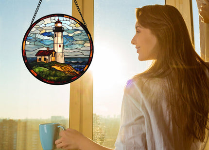 DASTOLL Stained Glass Window Hanging, Ocean Lighthouse Sun Catchers Glass Panel Blue Green Suncatcher Decor for Birthday for Women, Men, Wife, Aunt, and Mom 7.8 in