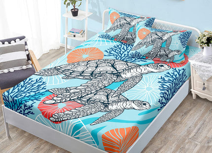 HOSIMA Sea Turtle Bedding Set,Coastal Beach Themed Bedroom Fitted Sheet Queen Size for Kids Teen Girls Boys Room Decor,1 Fitted Sheet+2 Pillowcases.