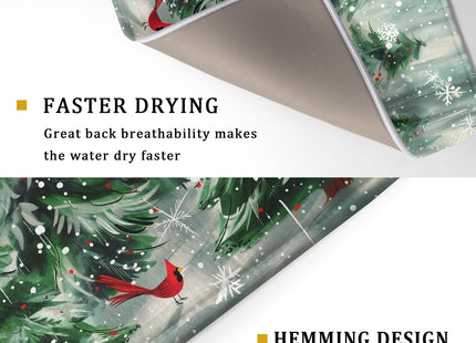 Winter Pine Tree Dish Drying Mat Red Bird Berry Dishes Drainer Mats Absorbent Microfiber Kitchen Counter Protector Drying Mats 18x24 Inch