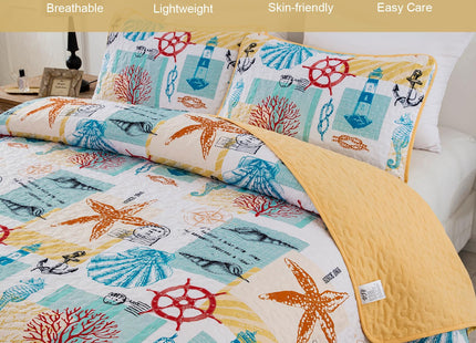 DJY Coastal Quilt King Size, 3 Pcs Yellow Beach Theme Bedspread Coverlet