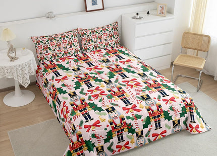 Feelyou Nutcracker Christmas Bow Comforter Set Toddler Size Royal Guarder Duvet Quilt for Kids Girls Xmas Pine Tree Leaves Bedding Set Pink White Soft Warm 1 Pillow Case
