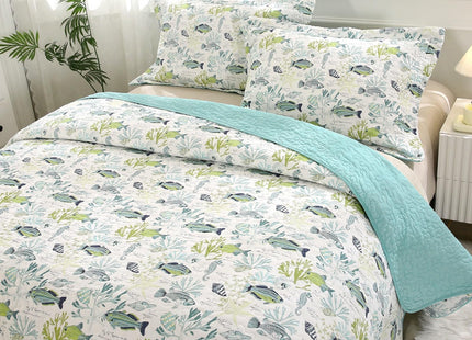 SUCSES King Size Quilt 3 Pieces Pre-Washed Cotton Coverlet Reversible All Season Lightweight Oversized Bedspread Summer Ocean Coral Print Quilt Bedding with 2 Pillow Shams