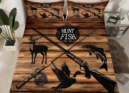 Kids Retro Hunt Fish Bed Sheets Queen Size,Retro Farm Wooden Board Quality Brushed Microfiber Luxury Bedding Set Deer Bird Fish Animal Hunting Bed Sheet Set (1 Flat,1 Fitted Sheet,2 Pillowcases)