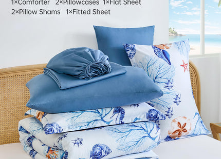 Coastal Queen Comforter Set,7 Pieces Beach Themed Sand Dollor & Starfish