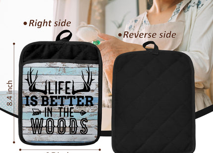 Hunting Cabin Gifts Pot Holders with Pockets, Life is Better in The Woods Moose Pot Holders Heat Resistant Oven Mitts Hot Pads for Kitchen Baking Cooking,Potholders for Kitchens