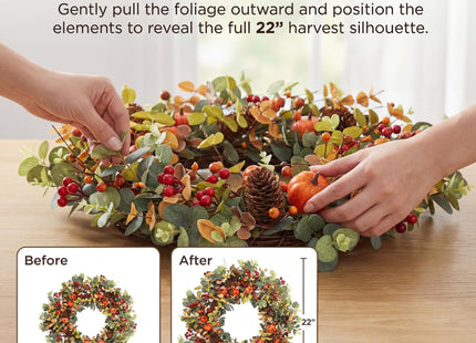 Pudate Fall Wreath 22 Inch Eucalyptus Pinecone Pumpkin Front Door Décor