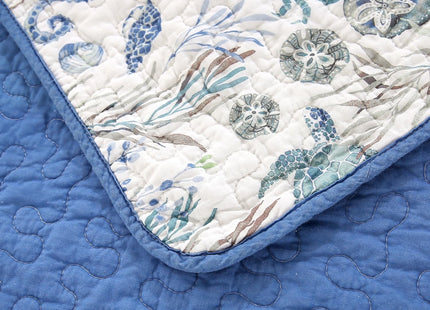 SUCSES 3Pcs Ocean Quilts Queen Size Cotton Coastal Quilt Bedding Set with Sea Turttle Seahorses Pattern Soft Oversized Bedspread Coverlet with 2 Shams for Beach Theme Room Decor
