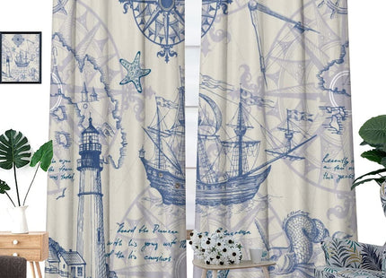 Nautical Sailboat Lighthouse Blackout Curtains - Rustic Hand Painted Compass Anchor Starfish Decorative Grommet Window Curtain Set Energy Saving Thermal Insulated Drapes,2 Panels 45L x 21W