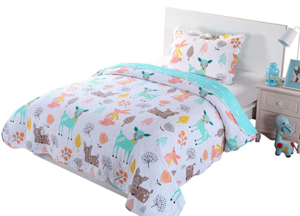 Queen Linens 100% Cotton 2 Piece Kids Quilt Bedspread Comforter Set Throw Blanket for Teens Boys Girls Kids Beds Bedding Coverlet Teal Blue Forest Deer (Twin)