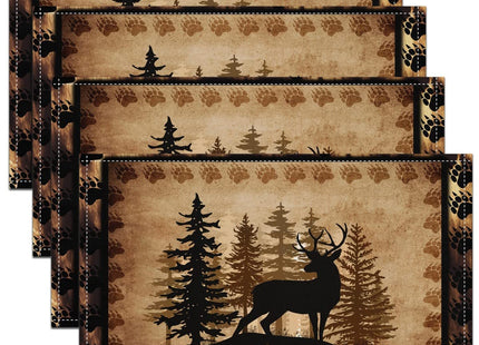 Cute Deer jejeloiu Placemats Girls Kids Deer Hunting Washable Table Mats Placemat Bear Paw Print Tree Pattern Kitchen Dinner Party Table Mats Exotic Style Brown Table Place Mats, 18"x12"
