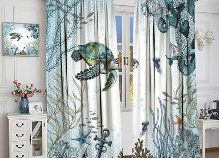 JanJCurt Sea Turtle Curtains, Blue Teal Ocean Octopus Underwater Animal Seashell Jellyfish Coastal Fish Nautical Print Window Curtains for Kitchen Bedroom Living Room, 42x45 Inch (No Blackout)