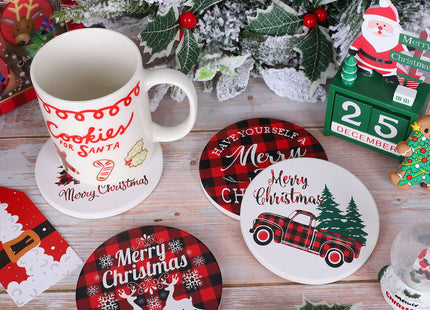 Whaline Merry Christmas Coasters Set of 4 Red Black Buffalo Plaids Drink Coaster Xmas Tree Truck Reindeer Absorbent Ceramic Coaster Holiday Cup Mat for Mugs Cups Home Kitchen Office Party Table Decor