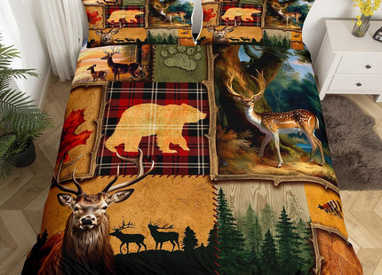 Hunting Duvet Cover Set Twin Size, Wildlife Deer Bear Adventure Hunting Theme Comforter Cover with 1 Pillowcase, Wild Animal Farmhouse Bedding Set 2pcs for Kids Boys Teens Bedroom Decor,No Comforter
