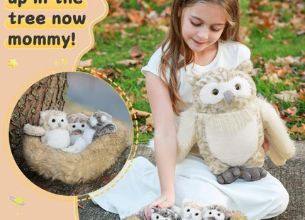 MorisMos 7Pcs Owl Plush Set, 15 Inch Mommy Owl with Babies, Eggs and Nest