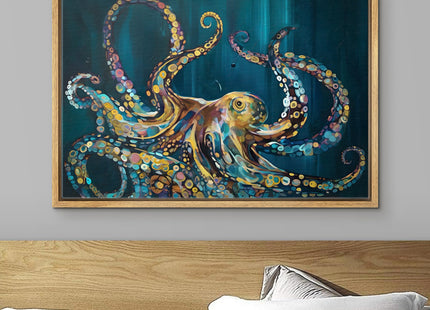 Color-Banner Framed Canvas Print Wall Art Majestic Octopus in Ocean Depths Colorful Sea Life Modern Art for Living Room, Bedroom, Office - 24"x36" Natural