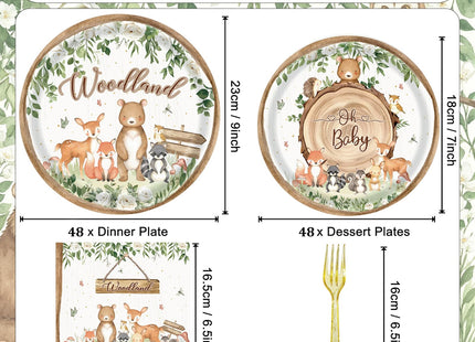 192 Pcs Woodland Baby Shower Tableware Set (Serves 48 Guests), Plates, Napkins, Forks, Forest Animal Theme for 1st Birthday, Woodland Party Decorations