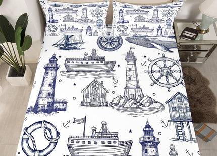 Sea Nautical Fitted Sheet Queen Size,Lighthouse Ship Sailboat Bed Sheet Coastal Ocean Theme Bedding Set 3Pcs for Kids Boys Adult Room Decor,Sketch Style Navy White Deep Pocket Sheet,2 Pillowcases