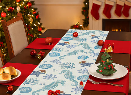 Christmas Table Runner Coastal Beachy Seahorse Starfish Table Runners Seasonal Kitchen Dining Table Decoration for Winter Home Party Banquet Decor 13x72 Inch