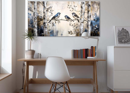Ggaafet Beige Sparrow Bird Wall Art Decor for Bedroom Cute Chickadee Birds Canvas Pictures Birch Tree Woods Painting Prints Deco Wildlife Artwork Large