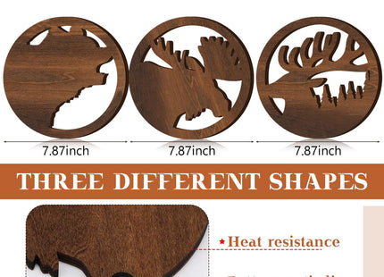 Beeveer 3 Pcs Bear Deer Moose Trivets Wooden Rustic Lodge, 7.9 Inch