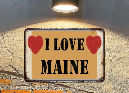 Woguangis Metal Tin Signs Maine State USA States Red Heart Plaque I Love Maine Porch Decor Metal Plaque Retro Aluminum Sign for Kid Room Living Room Kitchen Front Porch 18x12in