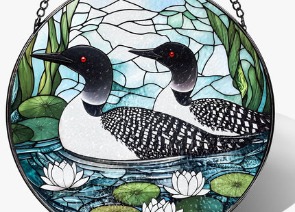 8-Inch Loon Birds Stained Glass Suncatcher Ornament, Stained Glass Window Hanging, Window Hanging Decor – Christmas, Birthday | Gifts for Bird Lover, Friend, Couples, Family | Holiday Decorations