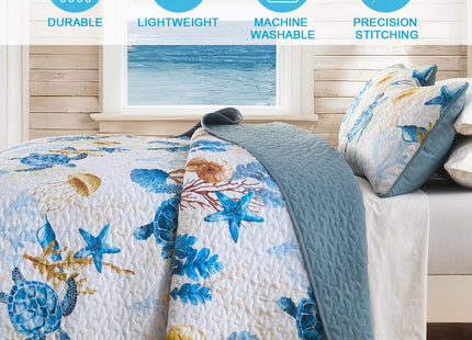 DJY Ocean Coastal Quilt Queen Size, 3 Pcs Sea Turtle Theme Bedspread Set