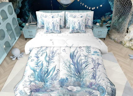Erosebridal Coral Reefs Bed in A Bag Underwater World Bedding Set with Sheets Cute Ocean Animal Queen Comforter Set 7 Piece for Kids Adults Starfish Shell Fish Bed Set Teal Blue Marine Decor