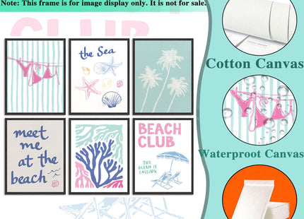 6pcs Blue Coastal Granddaughter Canvas Wall Art Summer Seashell Bikini Posters Prints Paintings Beach Preppy Aesthetic Wall Decor Pictures for Dorm Apartment Sea View Room Home Decoration Unframed