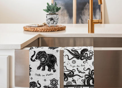 Karma Gifts Black And White Boho Tea Towel,Cotton, Mermaid 18" x 22"