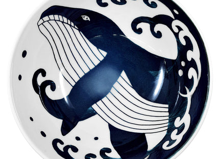 Mino Ware Japanese Rice Bowl, Rice Ramen Noodle Soup Sarada Pasta, Wave Whale Chawn, 5.7 inch 17.5oz Set of 2