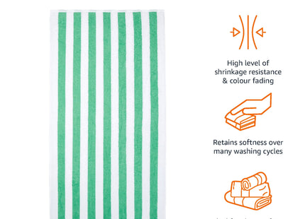 Amazon Basics Striped Beach Towels, Soft & Absorbent Pool Towel, 100% Ring-Spun Cotton, Machine Washable, Quick Dry, OEKO-TEX Certified, Large 30" x 60", Green Cabana Stripe, 2-Pack